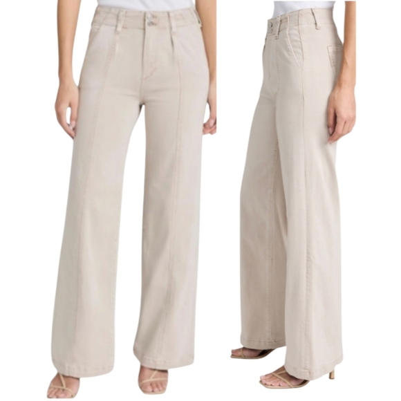 PAIGE Denim - PAIGE Wide Leg High-Rise Jeans in Light Beige